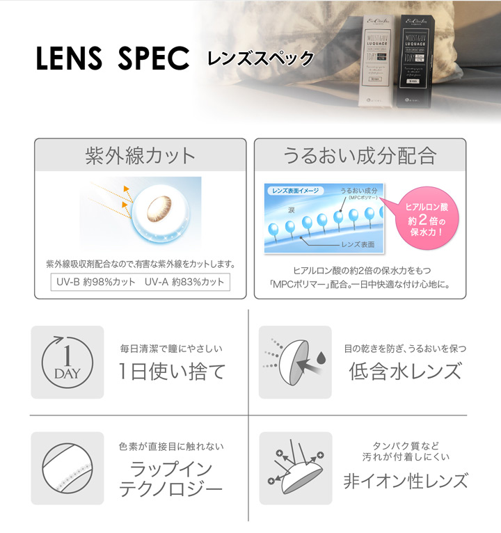 紫外線カット うるおい成分配合 1日使い捨て 低含水レンズ ラップインテクノロジー 非イオン性レンズ