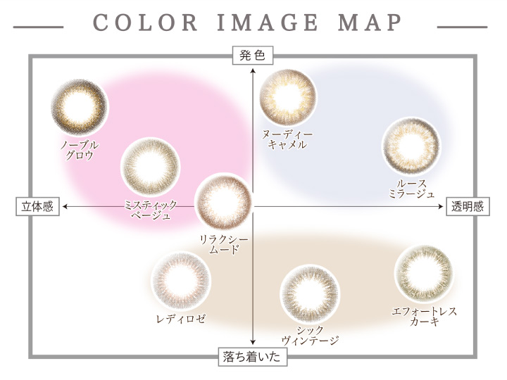 ミスティックベージュ、ノーブルグロウ、リラクシームード、ルースミラージュ、ヌーディーキャメル、シックヴィンテージ、レディロゼ、エフォートレスカーキ