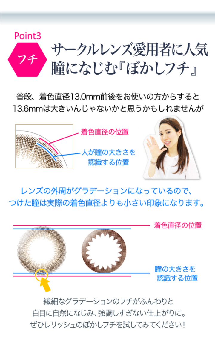 サークルレンズ愛用者に人気瞳になじむ「ぼかしフチ」