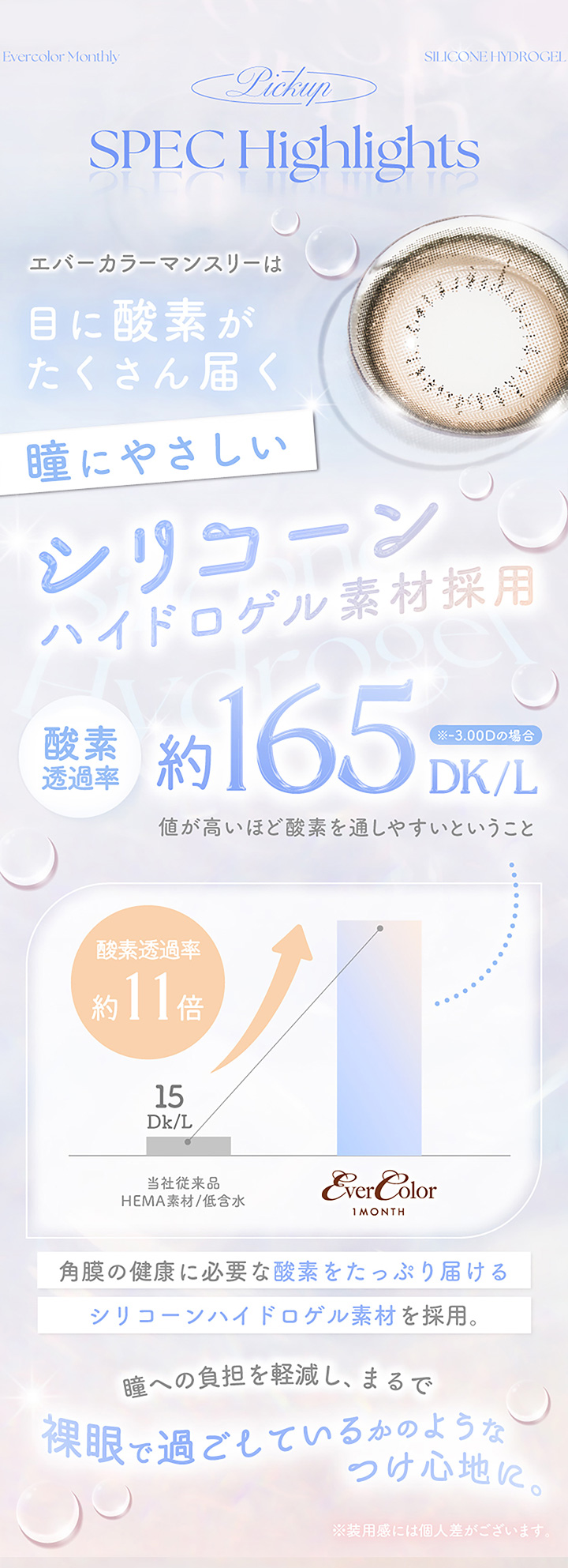 エバーカラーマンスリーは目に酸素がたくさん届く瞳にやさしいシリコーンハイドロゲル素材採用