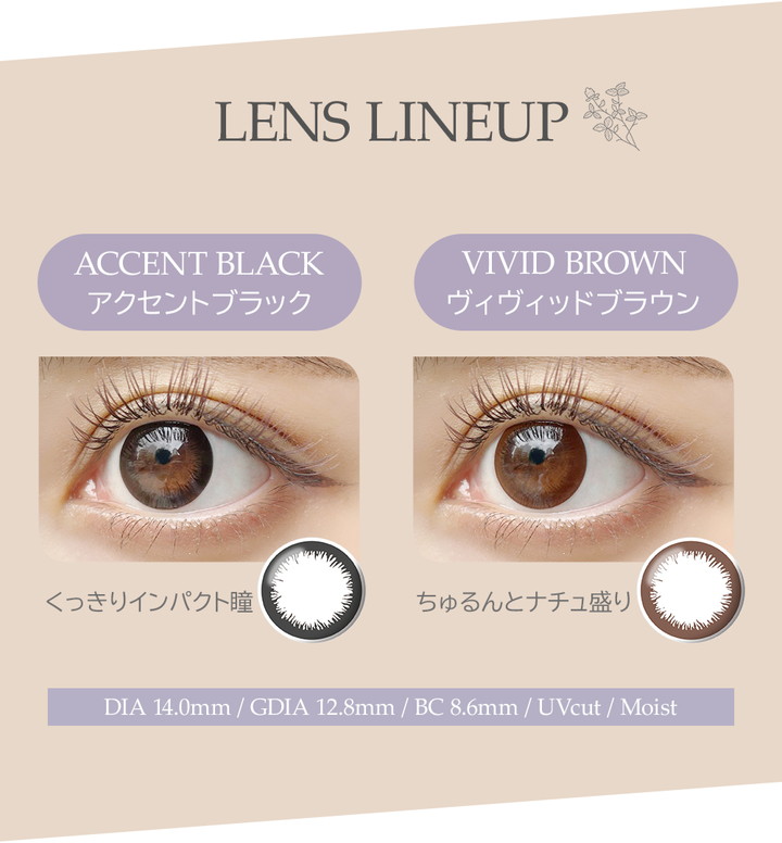 レンズラインナップ DIA14.0mm GDIA12.8mm BC8.6mm UVカット うるおい成分配合