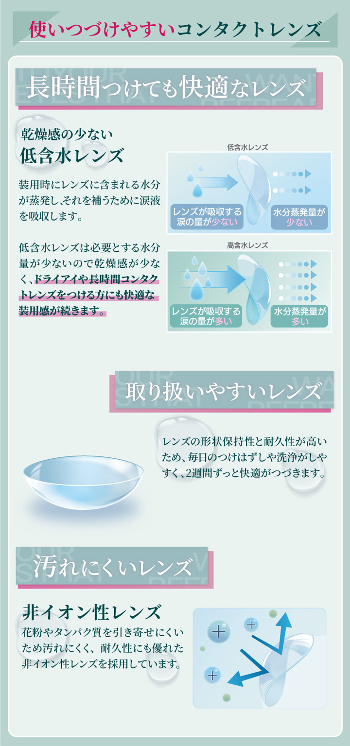 長時間つけても快適なレンズ 取り扱いやすいレンズ 汚れにくいレンズ