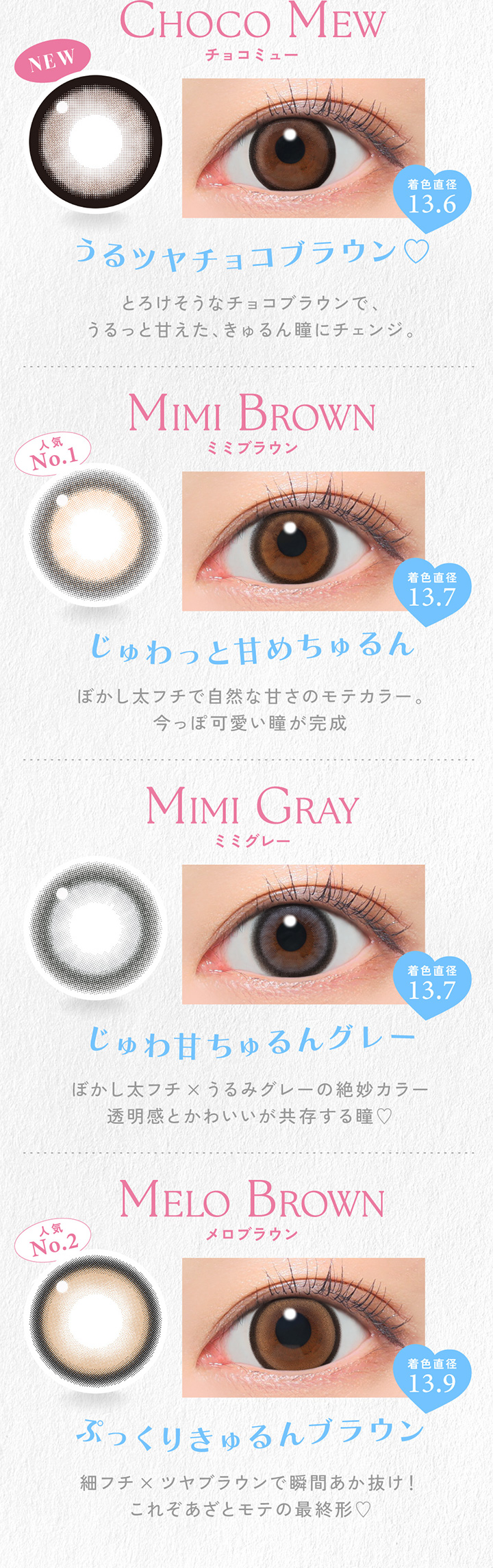 チョコミュー、ミミブラウン、ミミグレー、メロブラウン