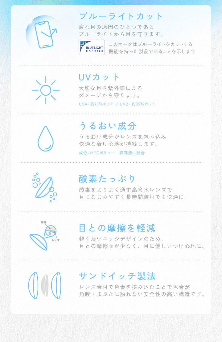 ブルーライトカット UVカット うるおい成分 サンドイッチ製法