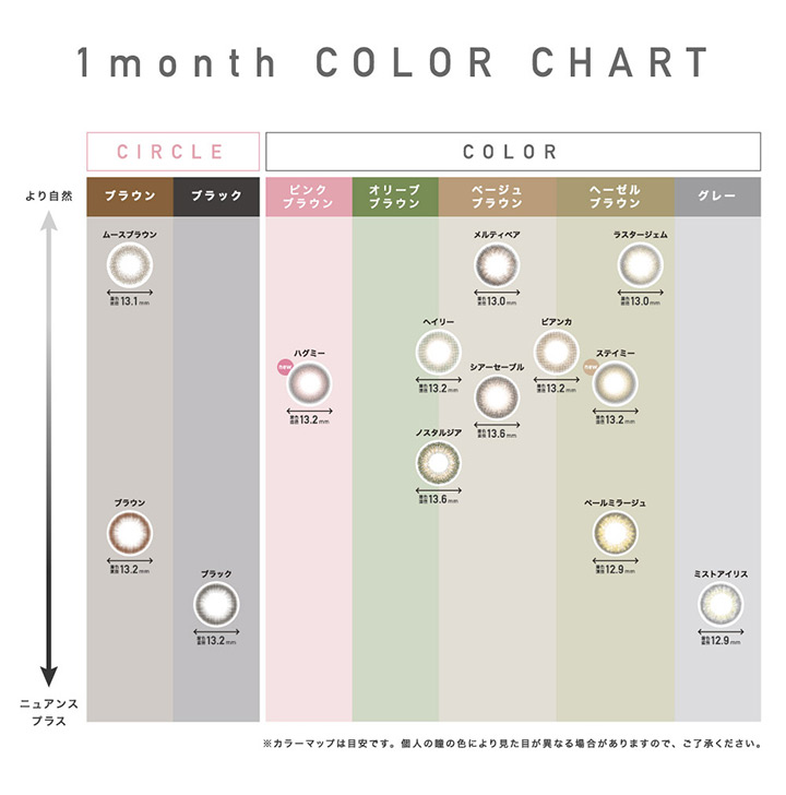 1month Color Chart レヴィア ワンマンス カラー ReVIA1month 1ヶ月交換