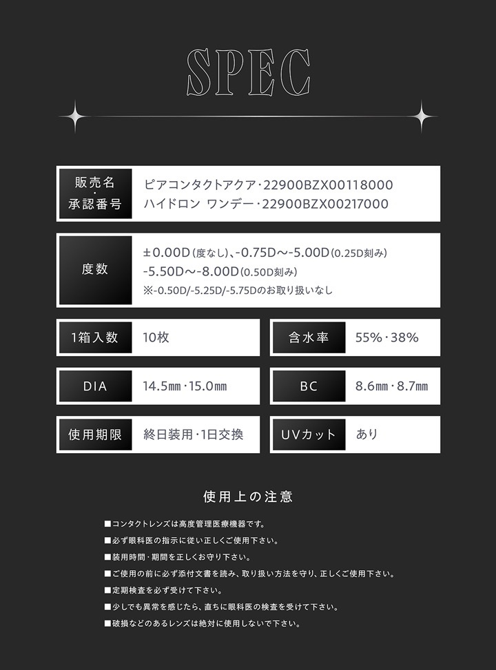 リセイ スペック 1日交換 終日装用 1箱10枚入り 含水率55%38% DIA14.5mm 15.0mm