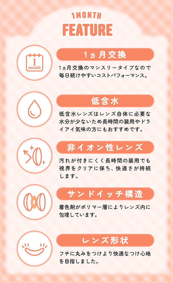 一ヵ月交換 低含水 非イオン性レンズ サンドイッチ構造 レンズ形状