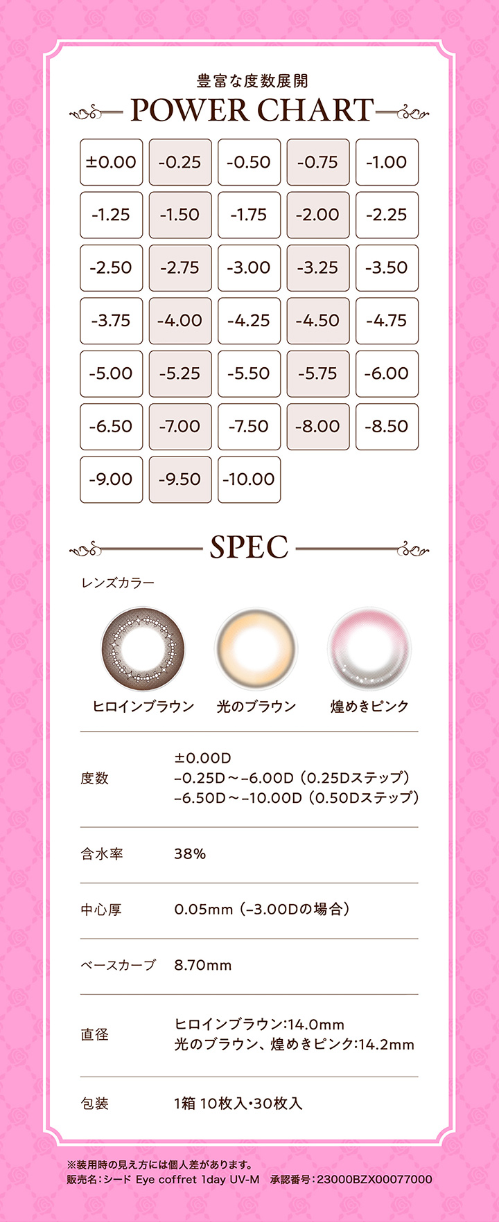 スペック BC：8.7mm 度数：±0.00、-0.25～-6.00(0.25ステップ)、-6.50～-10.00(0.50ステップ) DIA：14.0mm（ヒロインブラウン）14.2mm(光のブラウン、煌めきピンク) 着色直径：13.4mm（ヒロインブラウン、光のブラウン）13.6mm(煌めきピンク) 含水率：38％