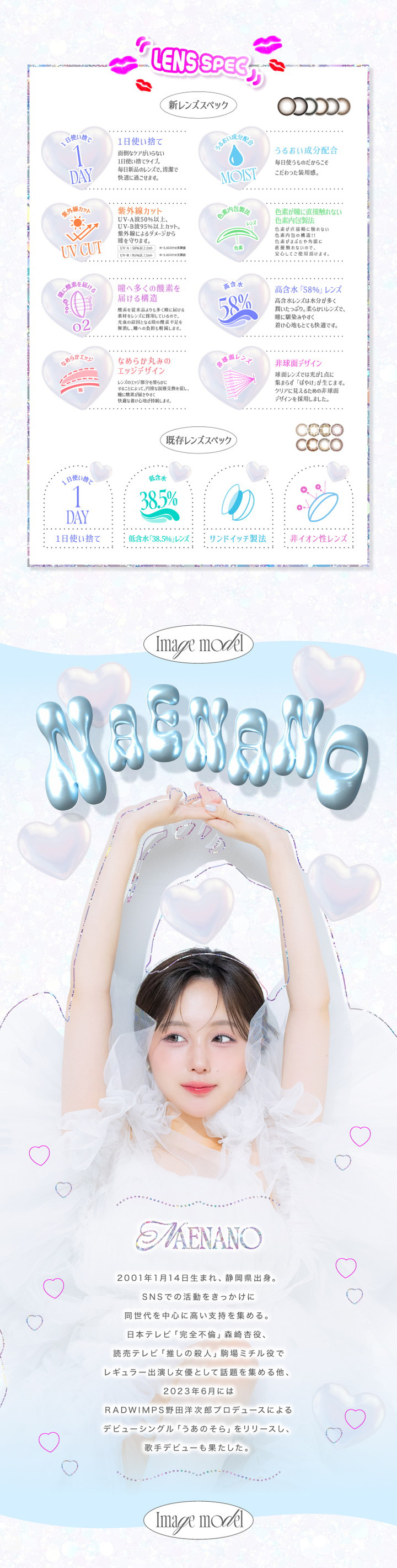 新色レンズスペック 1日使い捨て うるおい成分配合 紫外線カット 色素が瞳に直接触れない色素内包製法 瞳へ多くの酸素を届ける構造 高含水58%レンズ なめらか丸みのエッジデザイン 非球面デザインによるクリアな視界 既存レンズスペック 1日使い捨て 低含水38.5% サンドイッチ製法 非イオン性レンズ