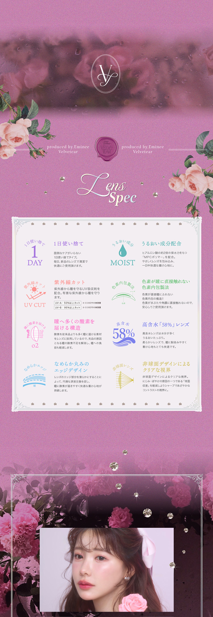 ヴェルヴェティア うるおい成分配合 紫外線カット 色素が直接目に触れない色素内包製造 高含水58%