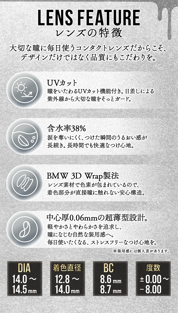 UVカット 含水率38％ BMW3DWrap製法 中心厚0.06㎜の超薄型設計
