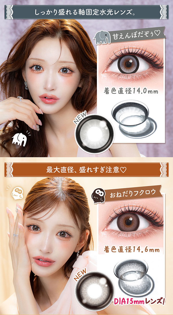 ワンデーカラコン Flully by Colors　甘えんぼだぞぅ　軸固定水光　おねだりフクロウ DIA15mm