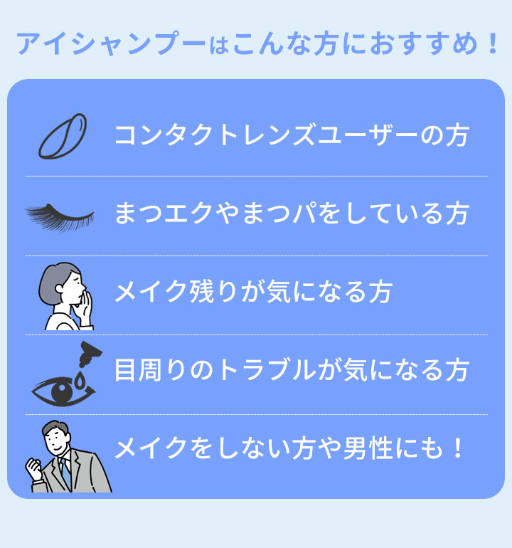 アイシャンプーはこんな人におすすめ！コンタクトレンズユーザーの方、まつエクやまつパをしている方、メイク残りが気になる、目の周りのトラブルが気になる方、メイクをしない方や男性にも！